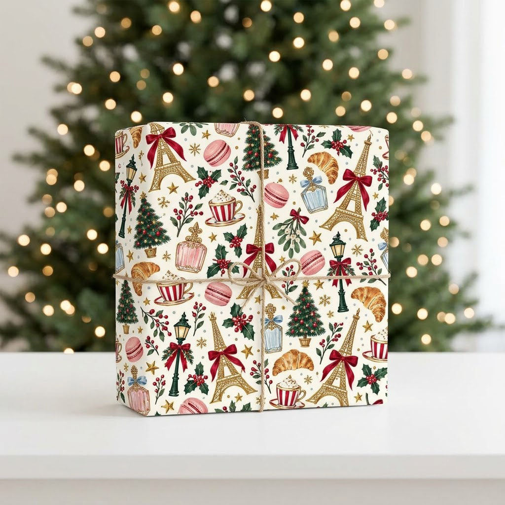 Cream paper with gold Eiffel Towers, Christmas trees, street lamps, macarons, croissants, holly and stars pattern.