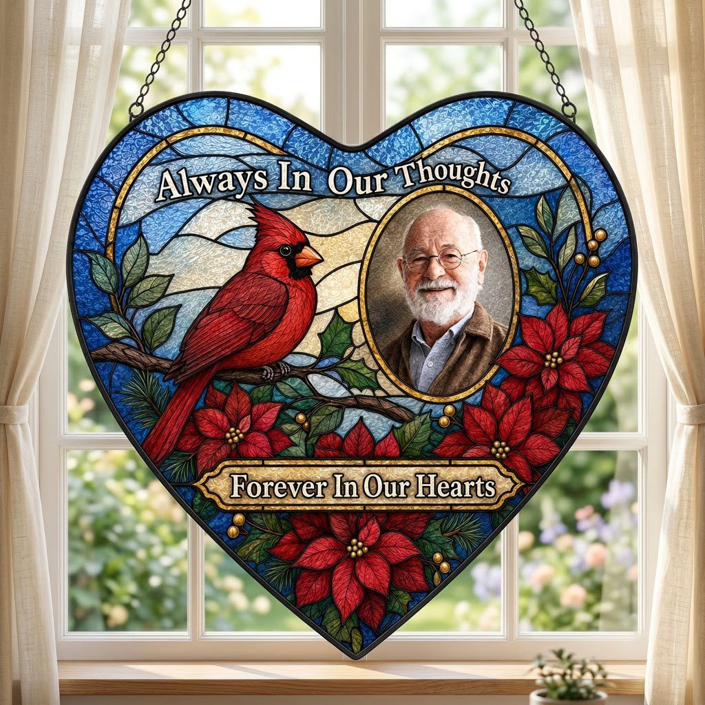 Heart stained glass suncatcher with red cardinal, oval memorial photo frame, and red poinsettias with green leaves.