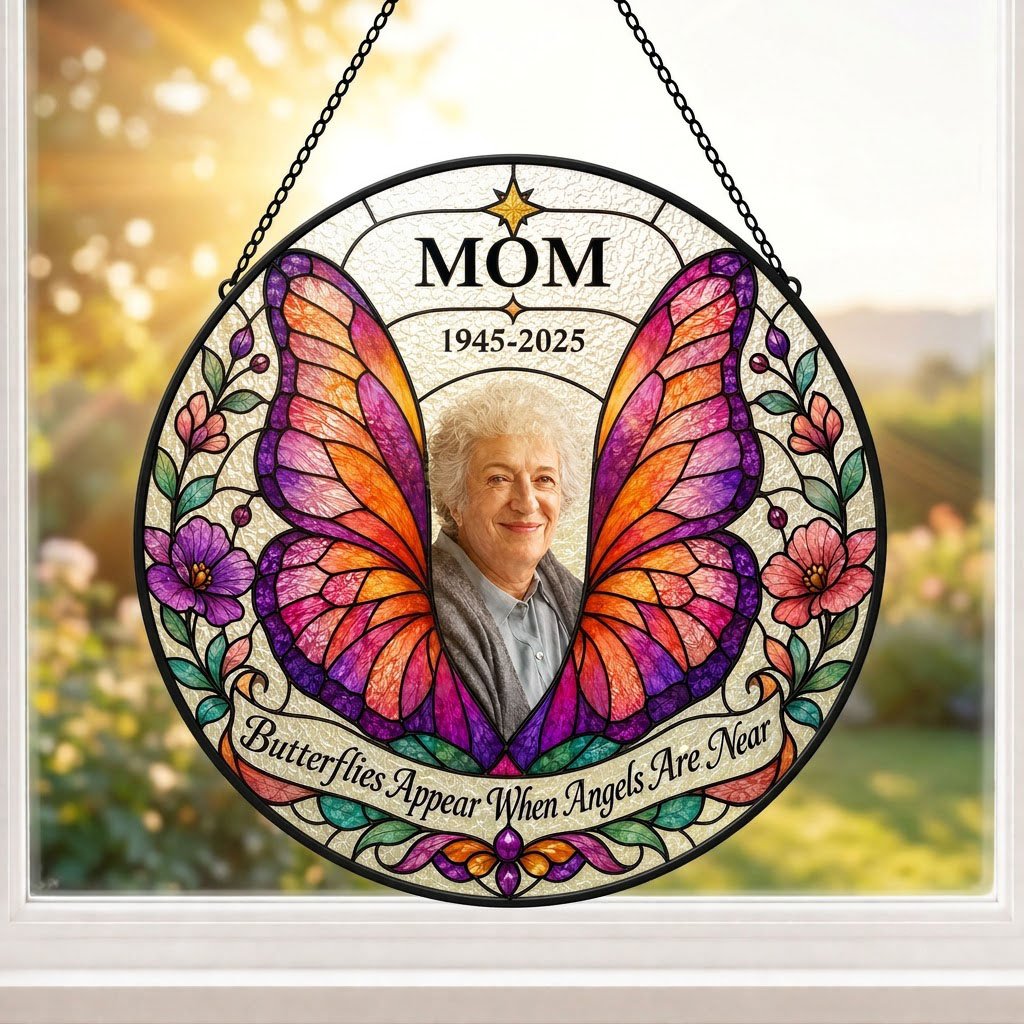 Round stained-glass suncatcher with butterfly wings, purple and pink flowers, a photo arch and a name banner.