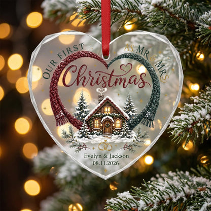 Personalized Our First Christmas as Mr & Mrs Winter Cabin Heart Glass Ornament