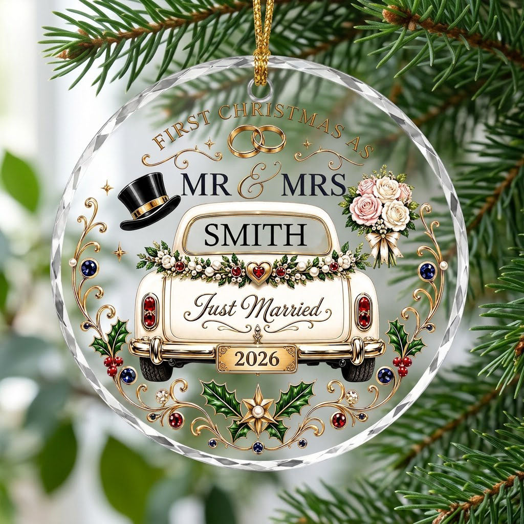Personalized First Christmas as Mr & Mrs Vintage Getaway Car Round Glass Ornament