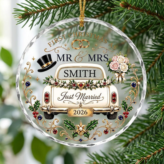 Personalized First Christmas as Mr & Mrs Vintage Getaway Car Round Glass Ornament