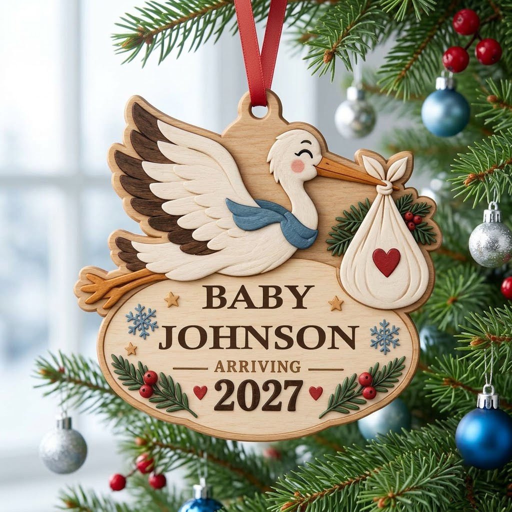 Custom-cut wood ornament of a flying stork with baby bundle above oval plaque reading BABY JOHNSON ARRIVING 2027.