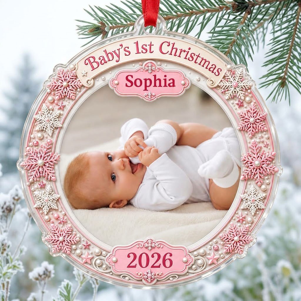 Round acrylic ornament with pink and white snowflakes framing a baby photo and the words Baby's 1st Christmas.