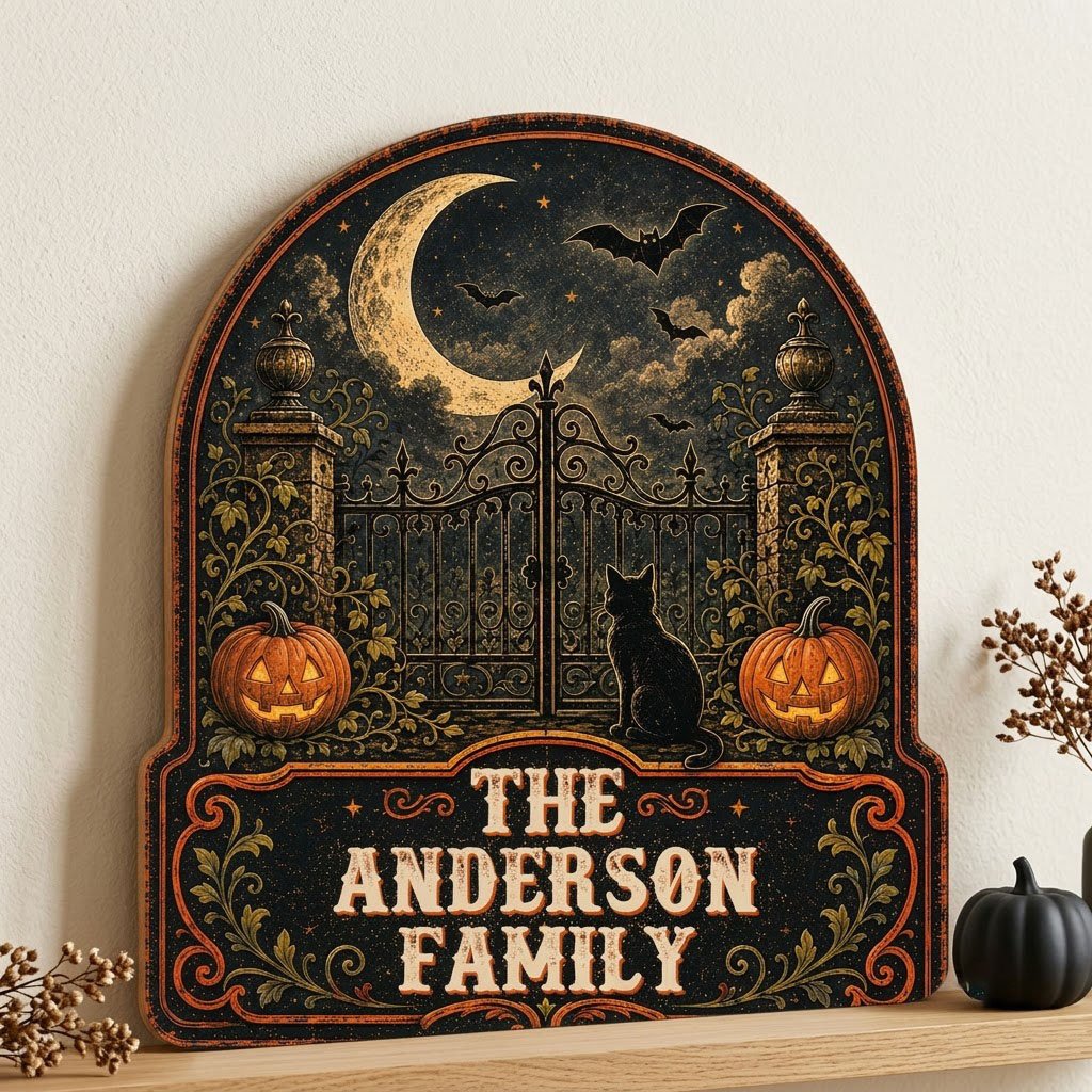 Arched wooden sign with crescent moon, bats, wrought-iron gate, black cat and jack-o'-lanterns with family name.