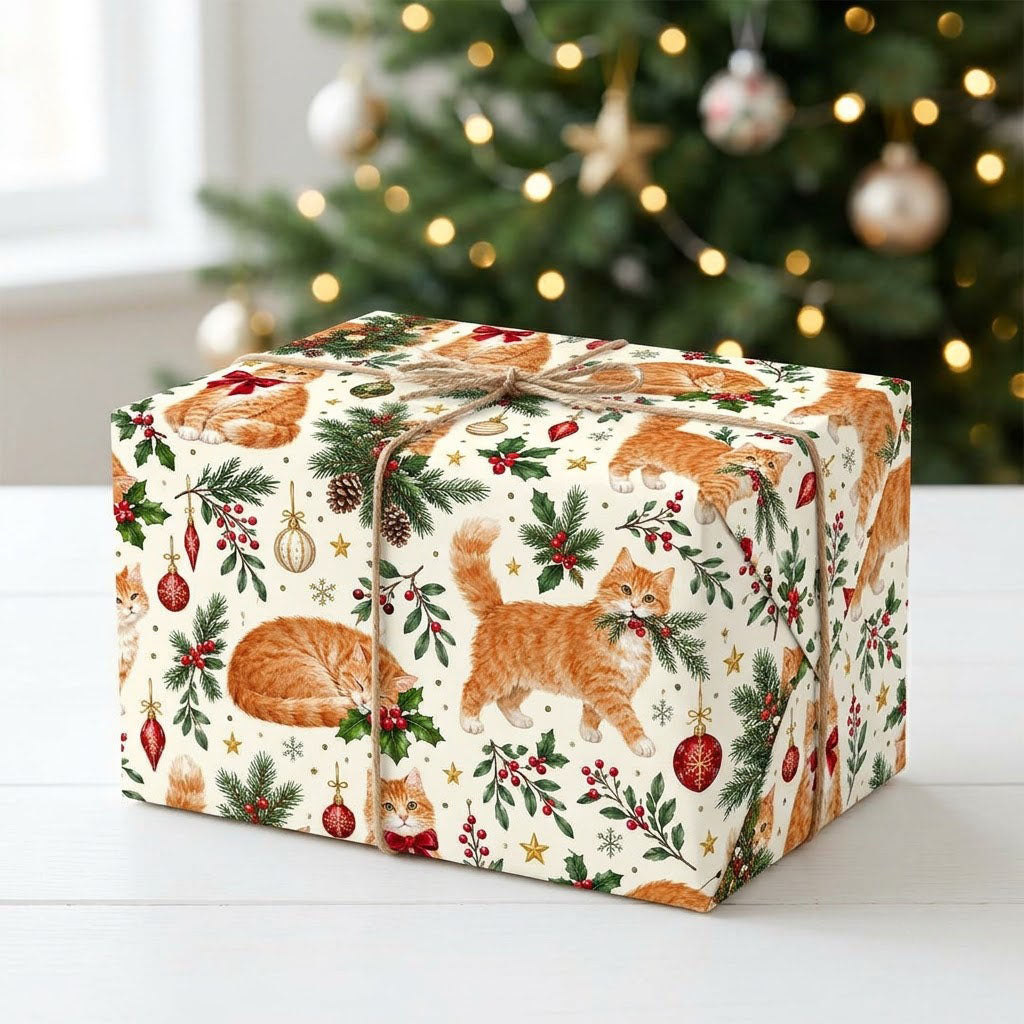 Cream gift wrap with ginger tabby cats, red and gold ornaments, pine boughs, berries and stars in a pattern.