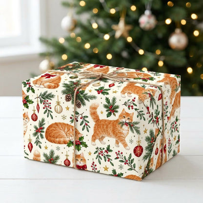 Cream gift wrap with ginger tabby cats, red and gold ornaments, pine boughs, berries and stars in a pattern.