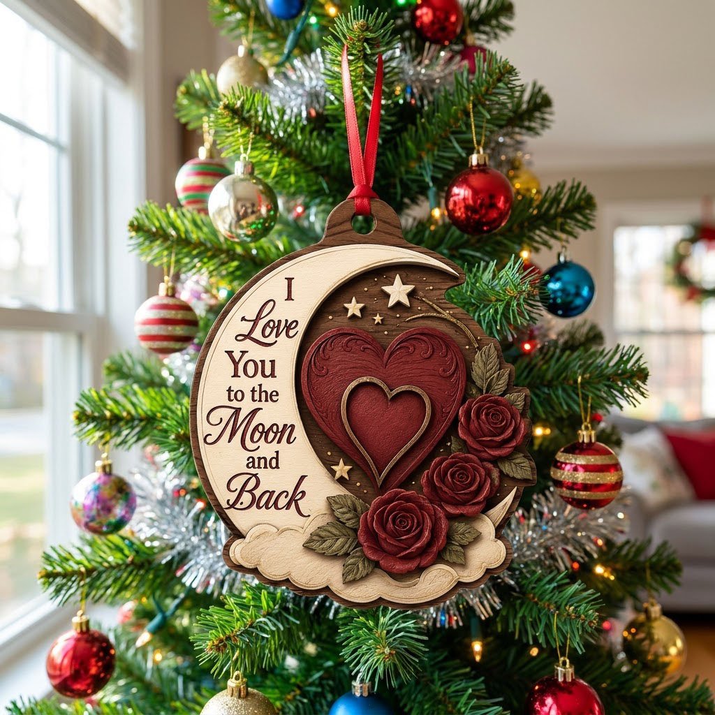 Custom-cut wood ornament with a crescent moon, red heart, three red roses, gold stars, and clouds.