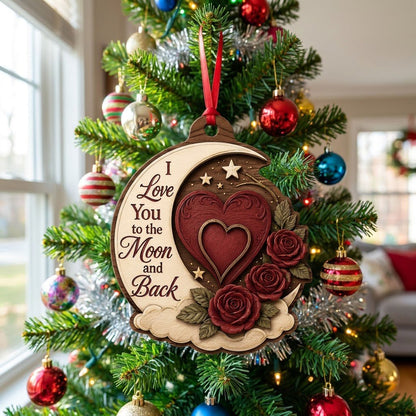 Custom-cut wood ornament with a crescent moon, red heart, three red roses, gold stars, and clouds.