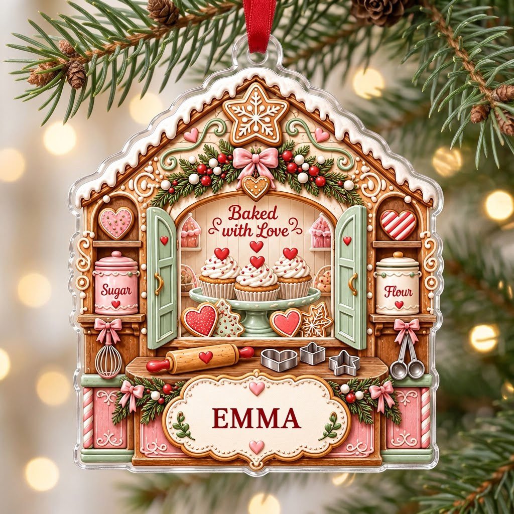 Custom-cut acrylic ornament shaped like a gingerbread house with baking tools, cupcakes, and a name banner.