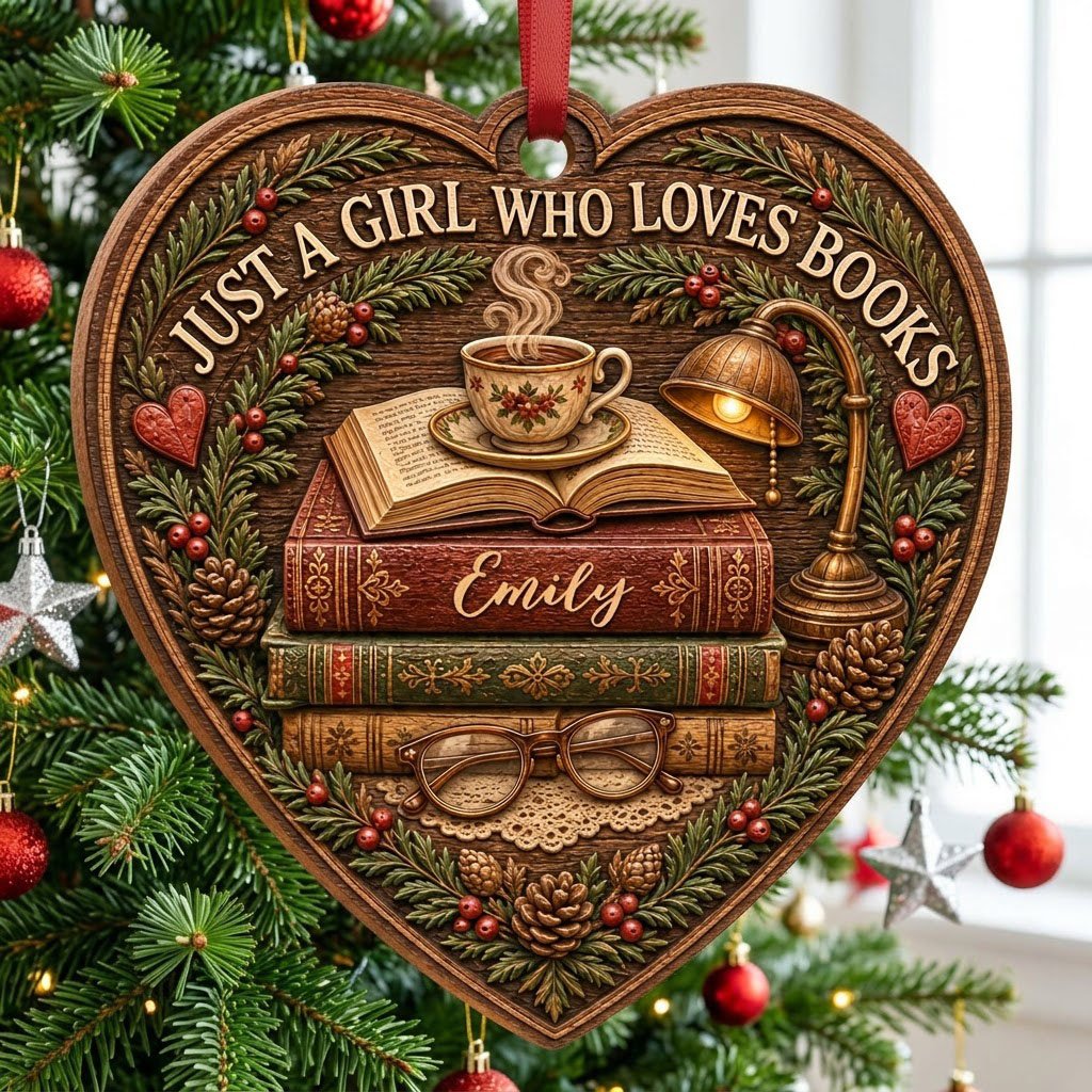 Heart-shaped wood ornament with books, open book and teacup, lamp, glasses, pine foliage, pinecones and hearts.