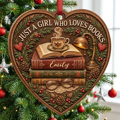 Heart-shaped wood ornament with books, open book and teacup, lamp, glasses, pine foliage, pinecones and hearts.