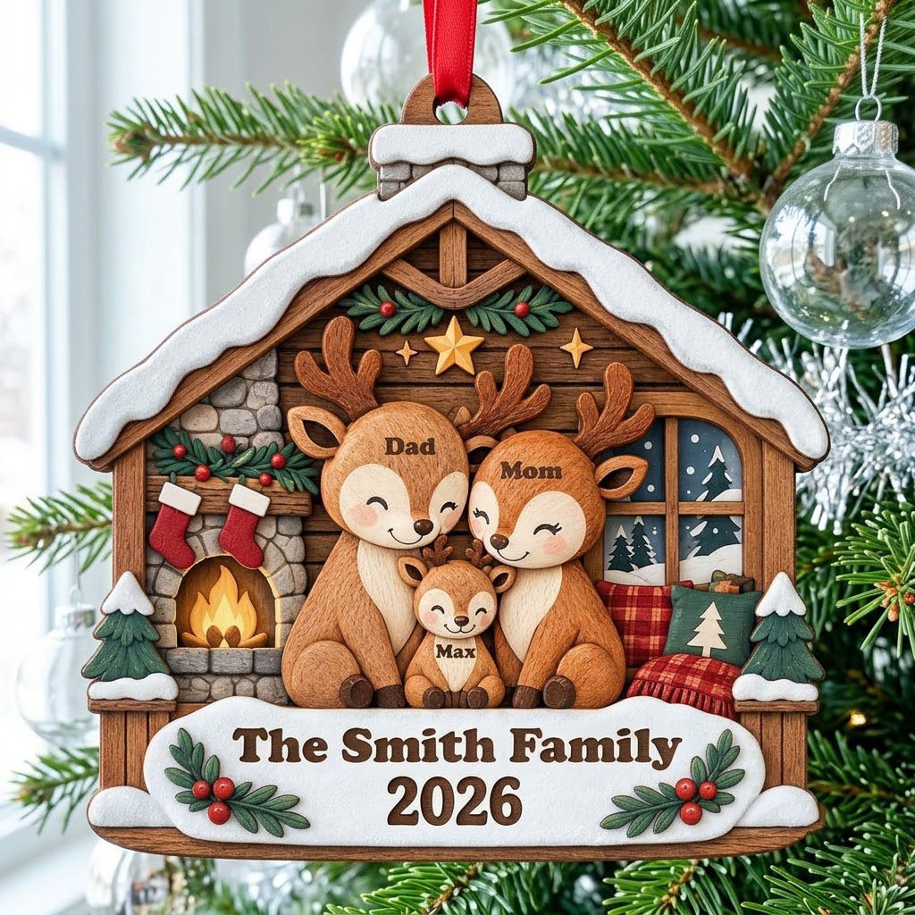 House-shaped wood ornament with deer family by a fireplace and snowy window, personalized with names and year.