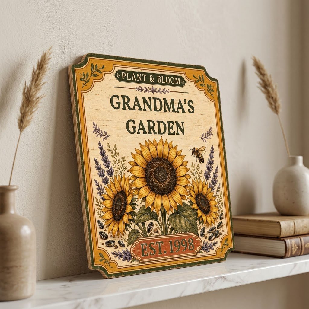 Square bracketed wooden sign with three sunflowers, lavender, a honeybee, and “Plant & Bloom” and “Grandma’s Garden” tex