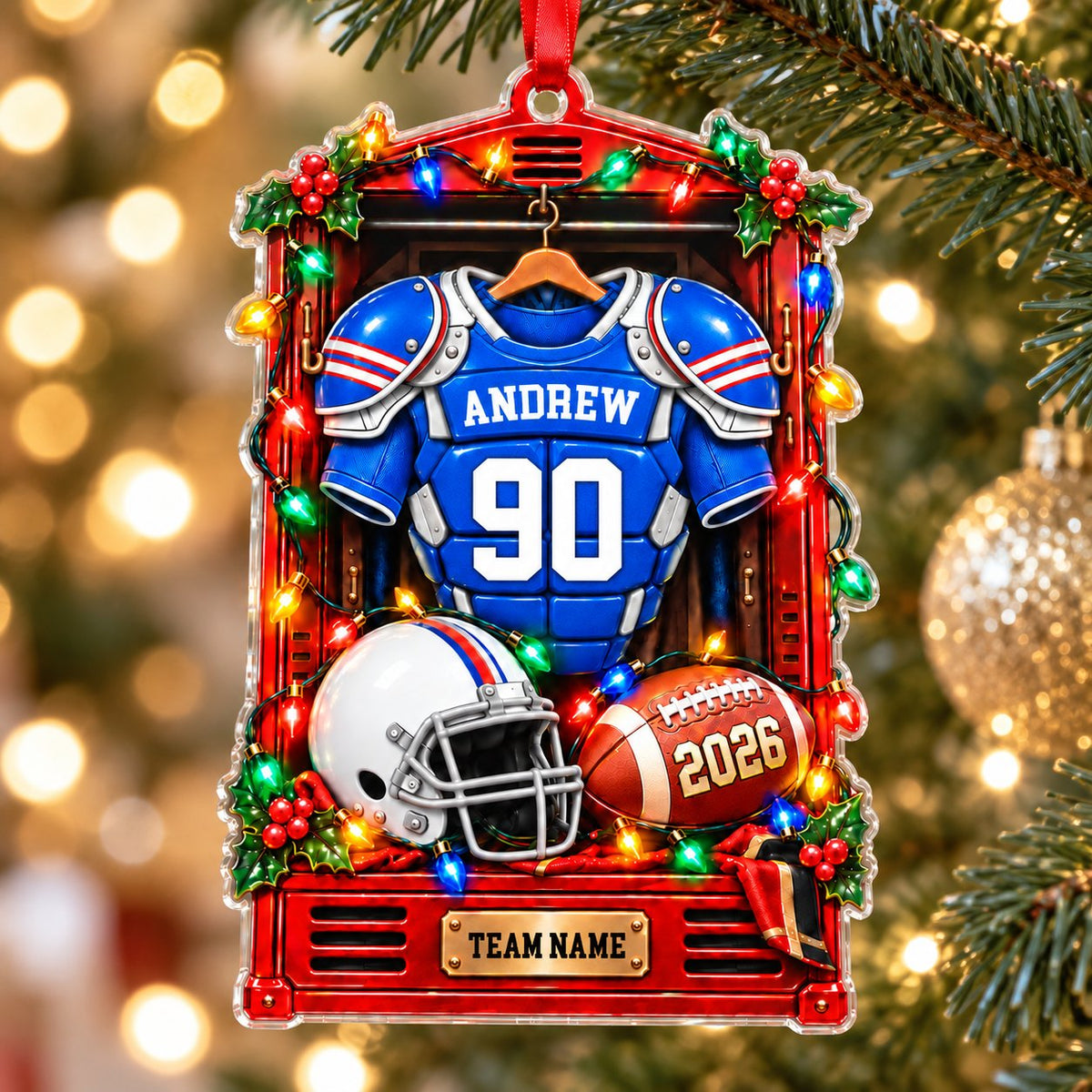 Acrylic ornament shaped like a red football locker with lights, jersey, helmet, football and gold nameplate.