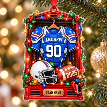 Acrylic ornament shaped like a red football locker with lights, jersey, helmet, football and gold nameplate.