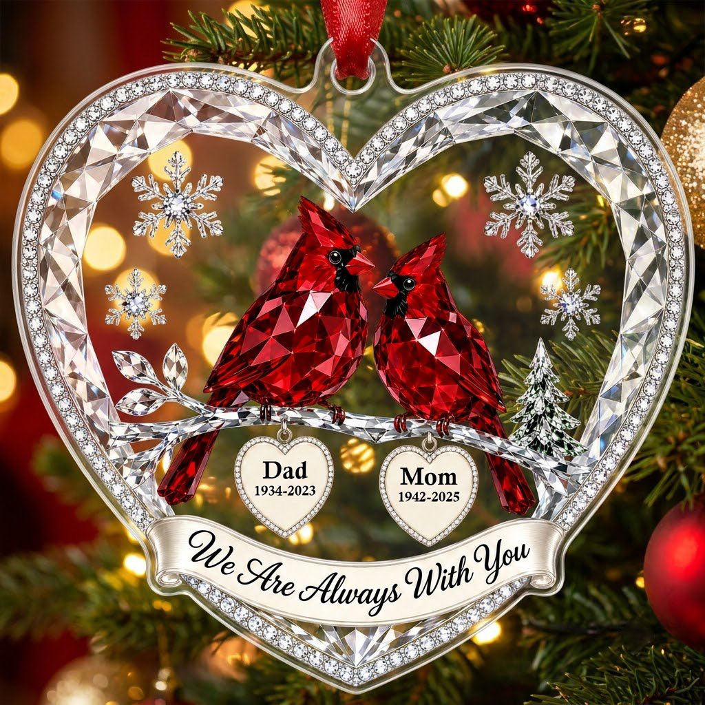 Heart ornament with two red crystal-style cardinals, snowflakes, a ribbon banner, and two dangling name-date heart charm
