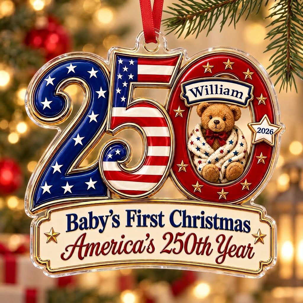 Acrylic ornament shaped like 250 with a teddy bear in the 0 and a gold-trimmed banner for the baby's name and year.