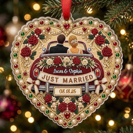 Personalized Just Married Vintage Car Heart Acrylic Ornament