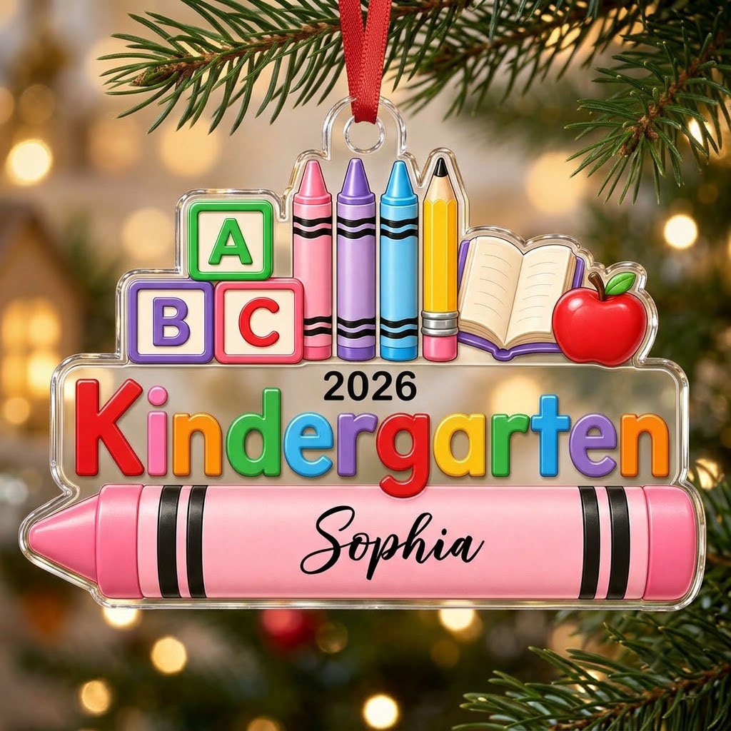 Clear acrylic ornament with ABC blocks, crayons, apple, open book and 'Kindergarten 2026' with a pink name banner