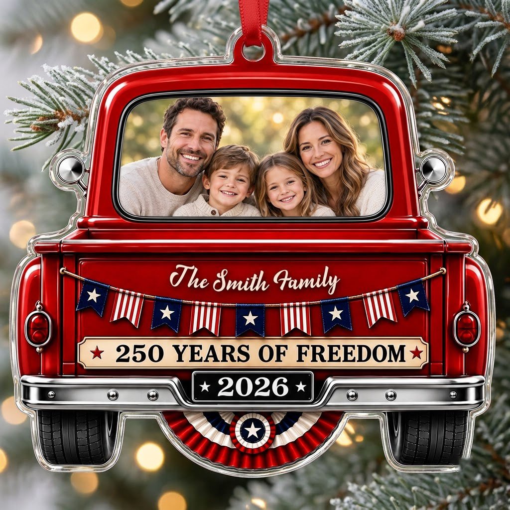 Red vintage pickup truck acrylic ornament with family photo window, 2026 and 250 YEARS OF FREEDOM text.