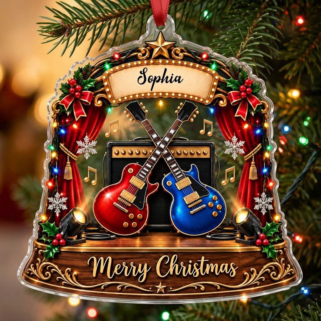 Custom-cut acrylic ornament with crossed red and blue guitars, Merry Christmas marquee, curtains and holly.