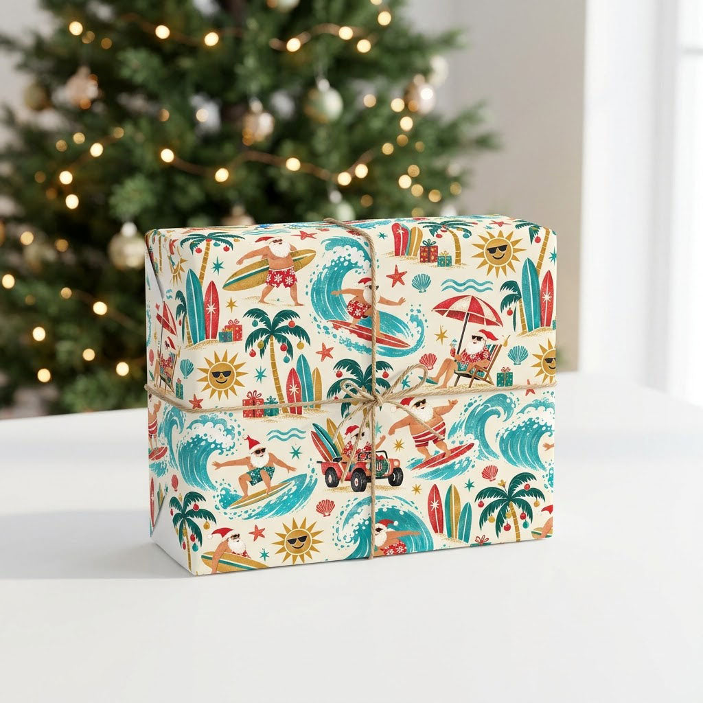 Wrapping paper with surfing Santa, red jeep, palm trees with ornaments, suns in sunglasses, starfish, seashells.