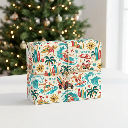 Wrapping paper with surfing Santa, red jeep, palm trees with ornaments, suns in sunglasses, starfish, seashells.