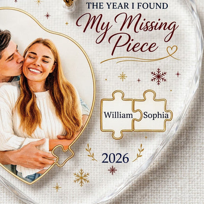 Heart glass ornament with gold puzzle pieces, couple photo, snowflakes, reading THE YEAR I FOUND My Missing Piece.