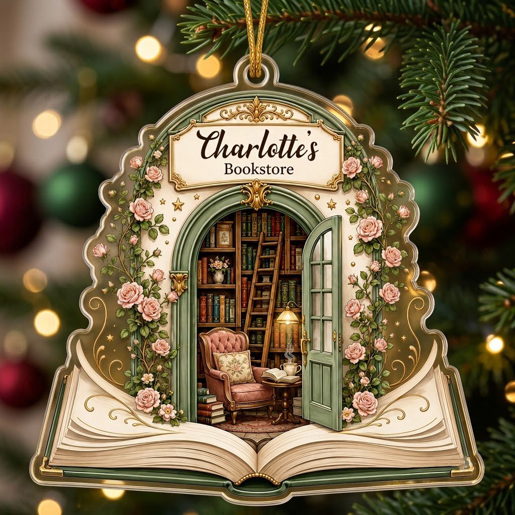 Personalized Pop-Up Book Library Acrylic Ornament, Custom Book Lover Keepsake