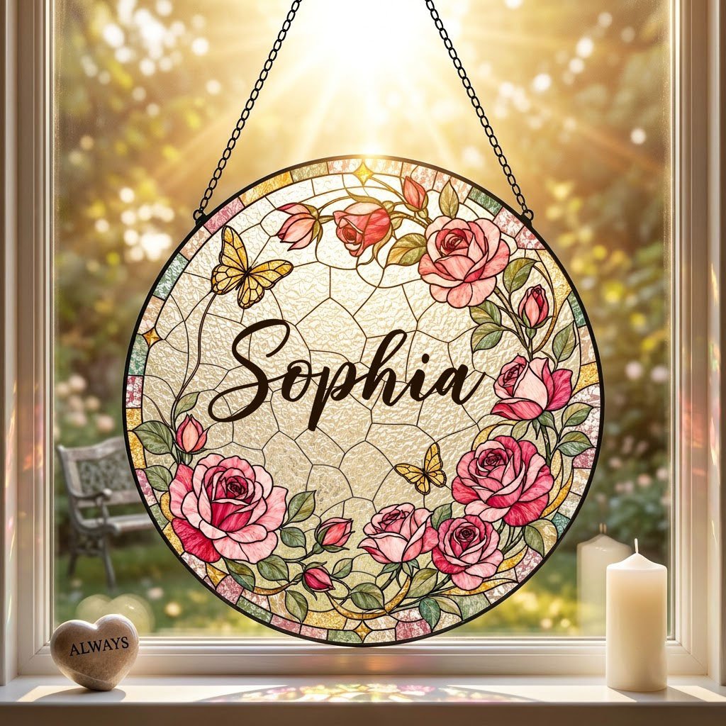 Round stained-glass style suncatcher with pink roses, two yellow butterflies, green leaves, and a decorative patterned b