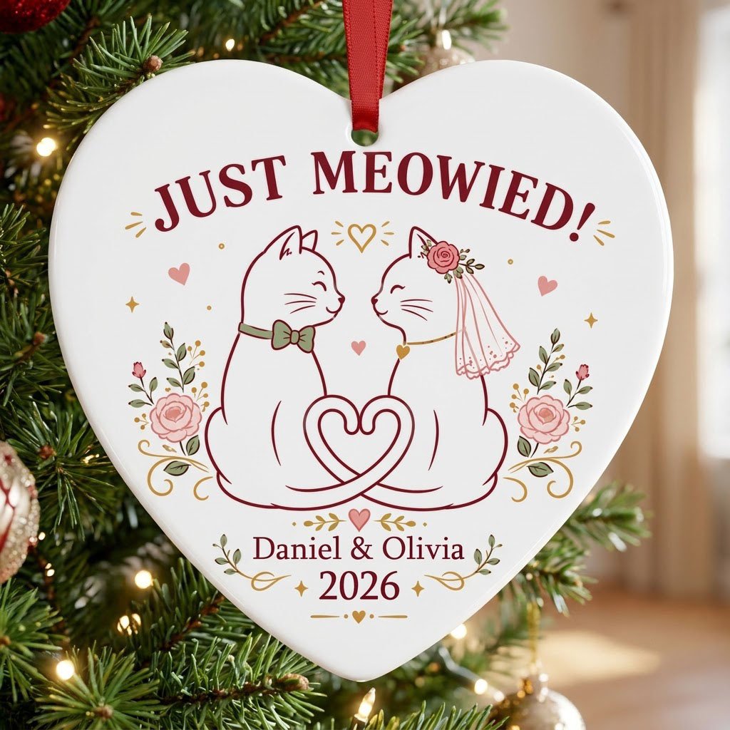 Two white cats with bow tie and bridal veil under JUST MEOWIED with roses and stars on a heart ceramic ornament.