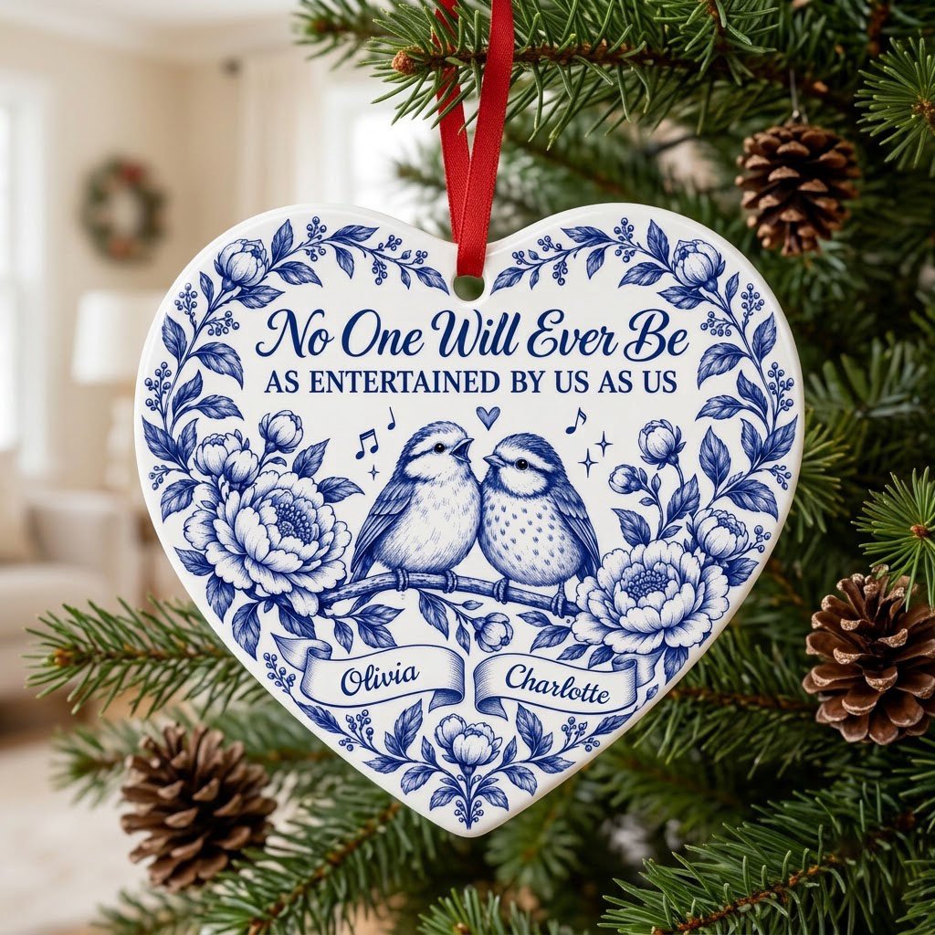 Heart ceramic ornament with two birds, blue floral frame, music notes above, and two name banners in cobalt.