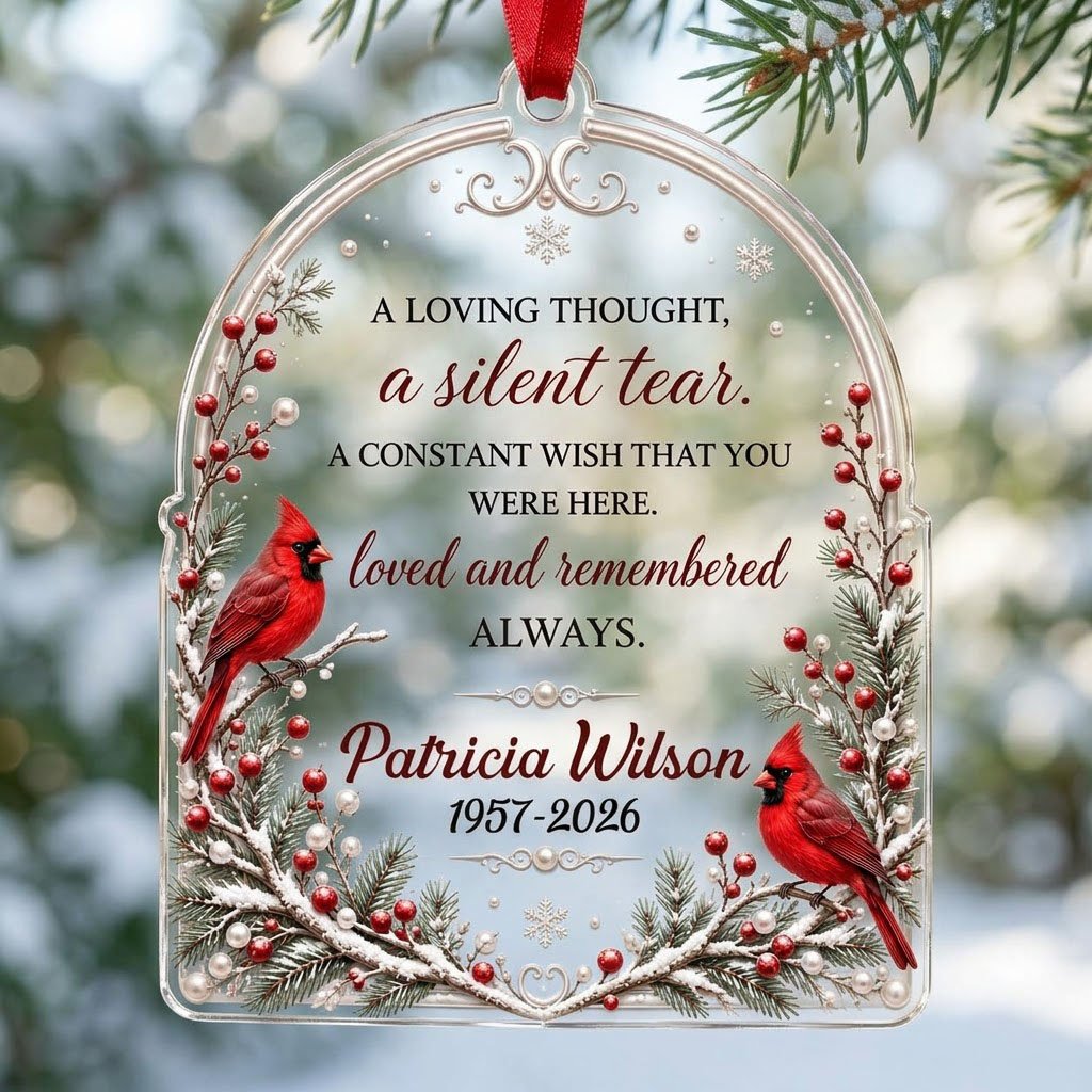 Clear acrylic arch ornament with two red cardinals, snowy evergreens, memorial verse, plus personalized name and dates.