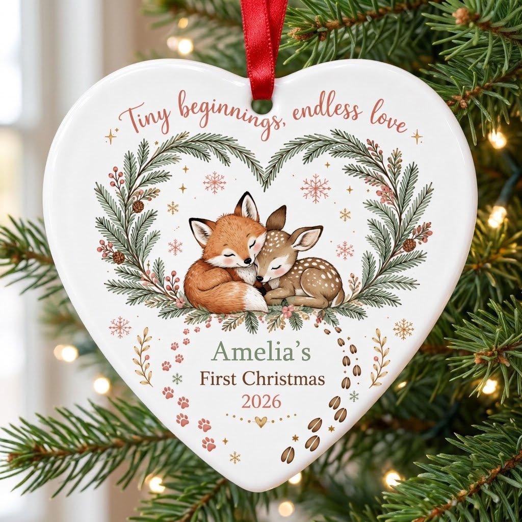 Heart ceramic ornament with sleeping baby fox and fawn in an evergreen wreath with berries and snowflakes.