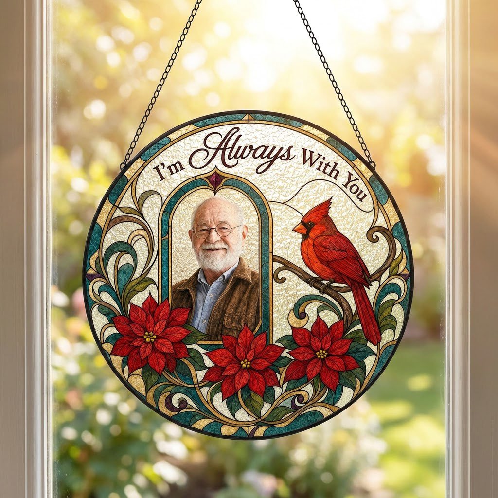 Round stained-glass style suncatcher with arched photo window, red cardinal, three red poinsettias and the words I'm Alw