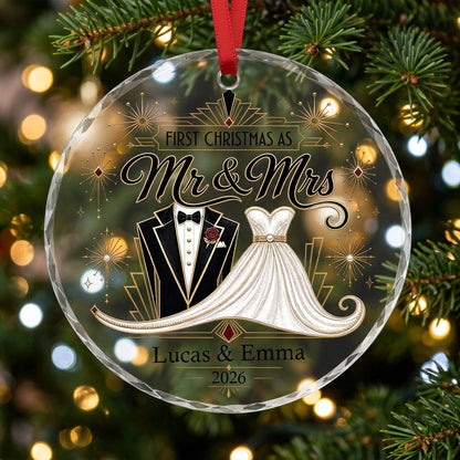 Personalized First Christmas as Mr & Mrs Art Deco Tuxedo Gown Round Glass Ornament