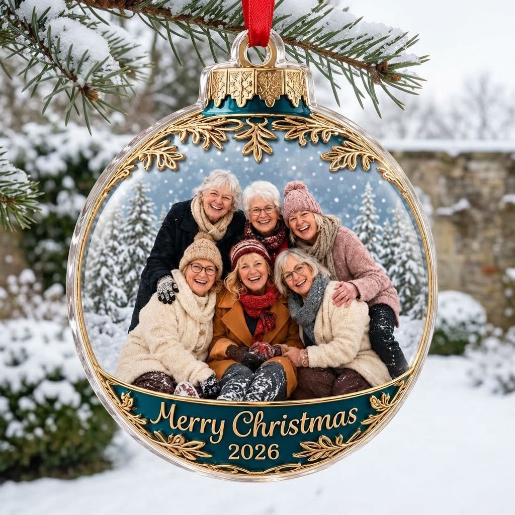 Clear acrylic bauble ornament with photo of six women in snowy pines, gold filigree, teal banner and Merry Christmas tex