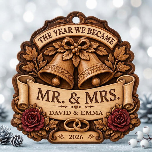 Crest ornament with wedding bells and roses, 'THE YEAR WE BECAME' 'MR. & MRS.', personalized names and year.