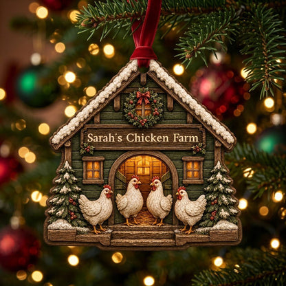 Personalized Winter Chicken Coop Wood Ornament, Custom Farmhouse Keepsake