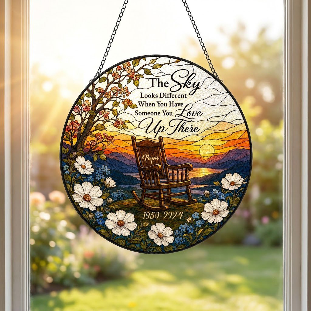 Round stained glass–style suncatcher with an empty rocking chair on a hill at sunset with flowers and a lake.