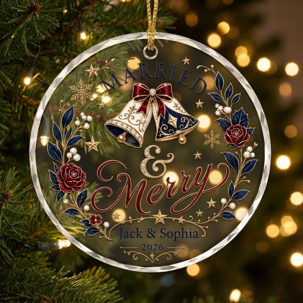 Round faceted glass ornament with two wedding bells, navy floral wreath, gold stars, and 'MARRIED' with names and year.