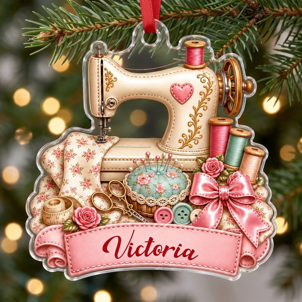 Custom-cut acrylic ornament with vintage cream sewing machine, pink banner, roses, thread spools and scissors.