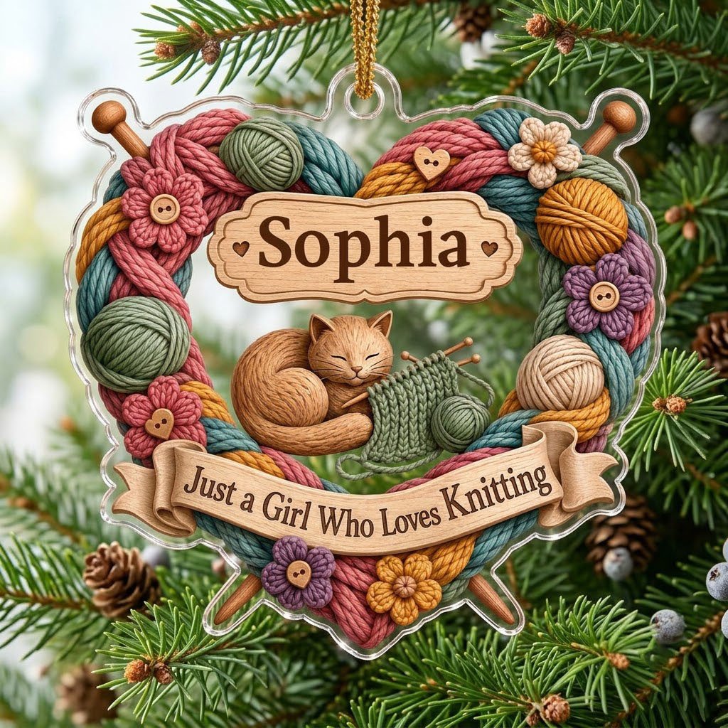 Heart-shaped acrylic ornament with yarn wreath, knitting needles, brown cat and "Just a Girl Who Loves Knitting" text.