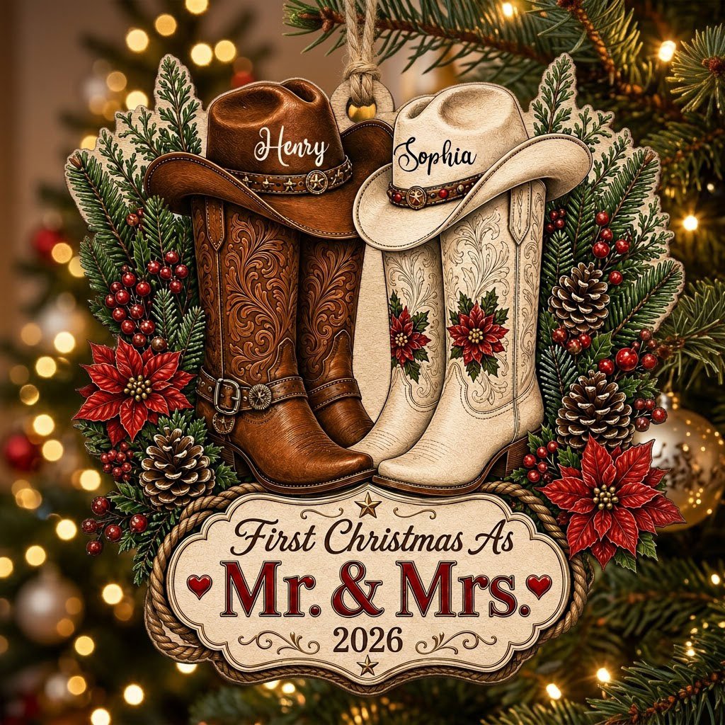Personalized Western Cowboy Boots First Christmas as Mr & Mrs Wooden Ornament