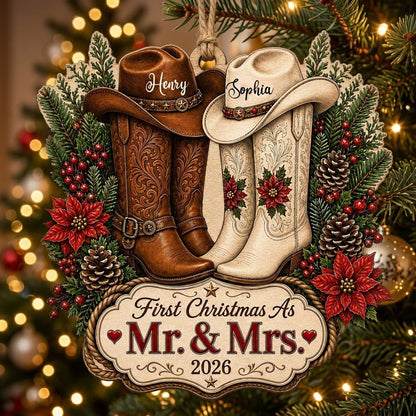 Personalized Western Cowboy Boots First Christmas as Mr & Mrs Wooden Ornament