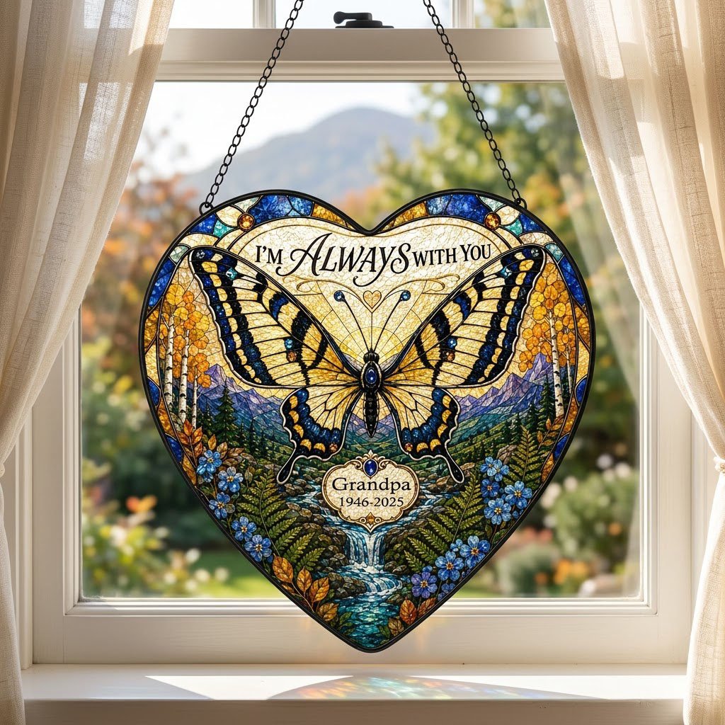 Personalized Butterfly Mountain Waterfall Memorial I'm Always With You Heart Stained Glass Suncatcher