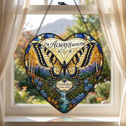 Personalized Butterfly Mountain Waterfall Memorial I'm Always With You Heart Stained Glass Suncatcher