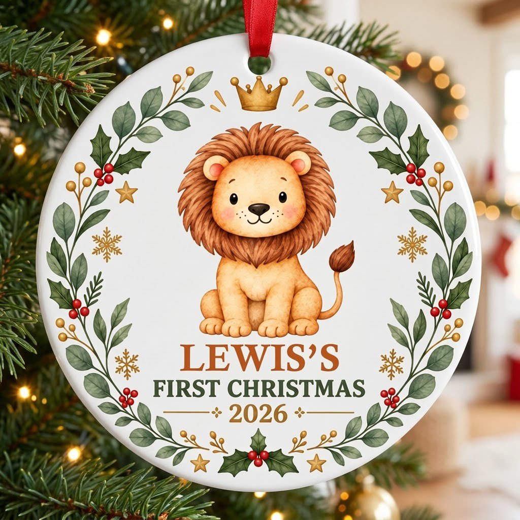 Round ceramic ornament with a cute crowned lion inside a festive wreath of green leaves, red berries, stars and snowflak