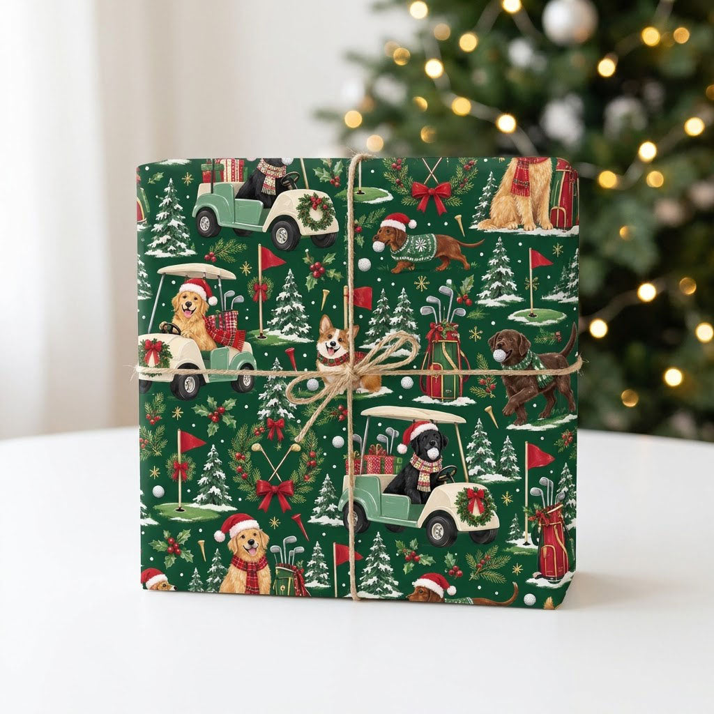Dark green wrapping paper with dogs in Santa hats, golf carts with wreaths, flags, clubs, snowy trees and golf balls.